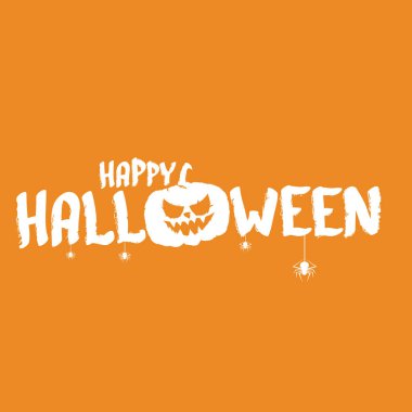 Mutlu Cadılar Bayramı Bayrağı, tebrik kartı ya da arka planı turuncu soyut arka planda izole edilmiş korkutucu balkabağı etiketli Vektör Beyaz Cadılar Bayramı.