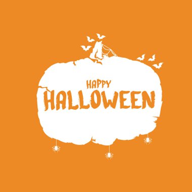 Mutlu Cadılar Bayramı Bayrağı, tebrik kartı ya da arka planı turuncu soyut arka planda izole edilmiş korkutucu balkabağı etiketli Vektör Beyaz Cadılar Bayramı.