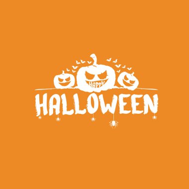 Mutlu Cadılar Bayramı Bayrağı, tebrik kartı ya da arka planı turuncu soyut arka planda izole edilmiş korkutucu balkabağı etiketli Vektör Beyaz Cadılar Bayramı.