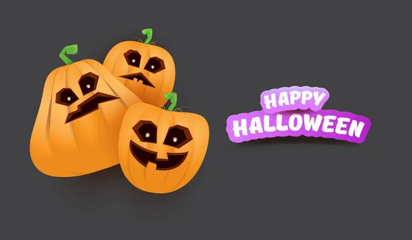 Bannière web horizontale Halloween ou affiche avec gang de citrouilles effrayant Halloween isolé sur fond gris. Funky enfants Halloween concept fond avec texte de salutation — Image vectorielle