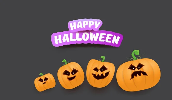 Halloween Horizontal web Banner or poster with Halloween scary pumpkins gang isolated on grey background. Funky kids Halloween concept background with greeting text — Stock Vector