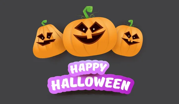 Bannière web horizontale Halloween ou affiche avec gang de citrouilles effrayant Halloween isolé sur fond gris. Funky enfants Halloween concept fond avec texte de salutation — Image vectorielle