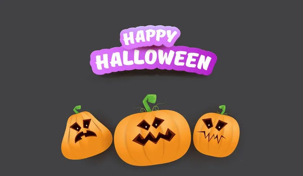 Halloween Horisontell webb Banner eller affisch med Halloween skrämmande pumpor gäng isolerad på grå bakgrund. Funky kids Halloween koncept bakgrund med hälsning text — Stock vektor