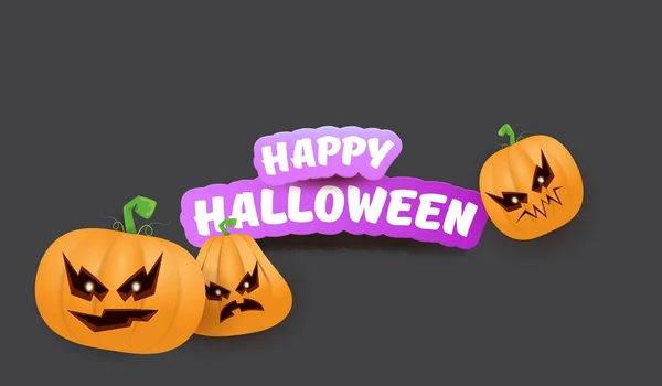 Bannière web horizontale Halloween ou affiche avec gang de citrouilles effrayant Halloween isolé sur fond gris. Funky enfants Halloween concept fond avec texte de salutation — Image vectorielle