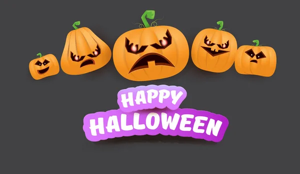 Halloween Horizontal web Banner o cartel con Halloween calabazas de miedo pandilla aislado sobre fondo gris. Funky niños Halloween concepto fondo con texto de saludo — Vector de stock