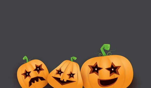 Halloween Horizontal web Banner o póster con calabazas de terror de Halloween aisladas sobre fondo de pared gris grunge. Fondo Funky Kids Halloween con espacio para texto y calabazas divertidas — Archivo Imágenes Vectoriales