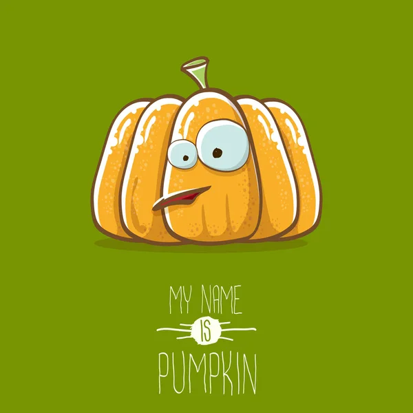 벡터웃긴 주황색웃는 푸 스킨은 녹색 배경에서 분리되어 있습니다. 제 이름은 pumkin vector 컨셉 일러스트입니다. 야채 찌끼 할로윈이나 감사의 날 캐릭터 — 스톡 벡터