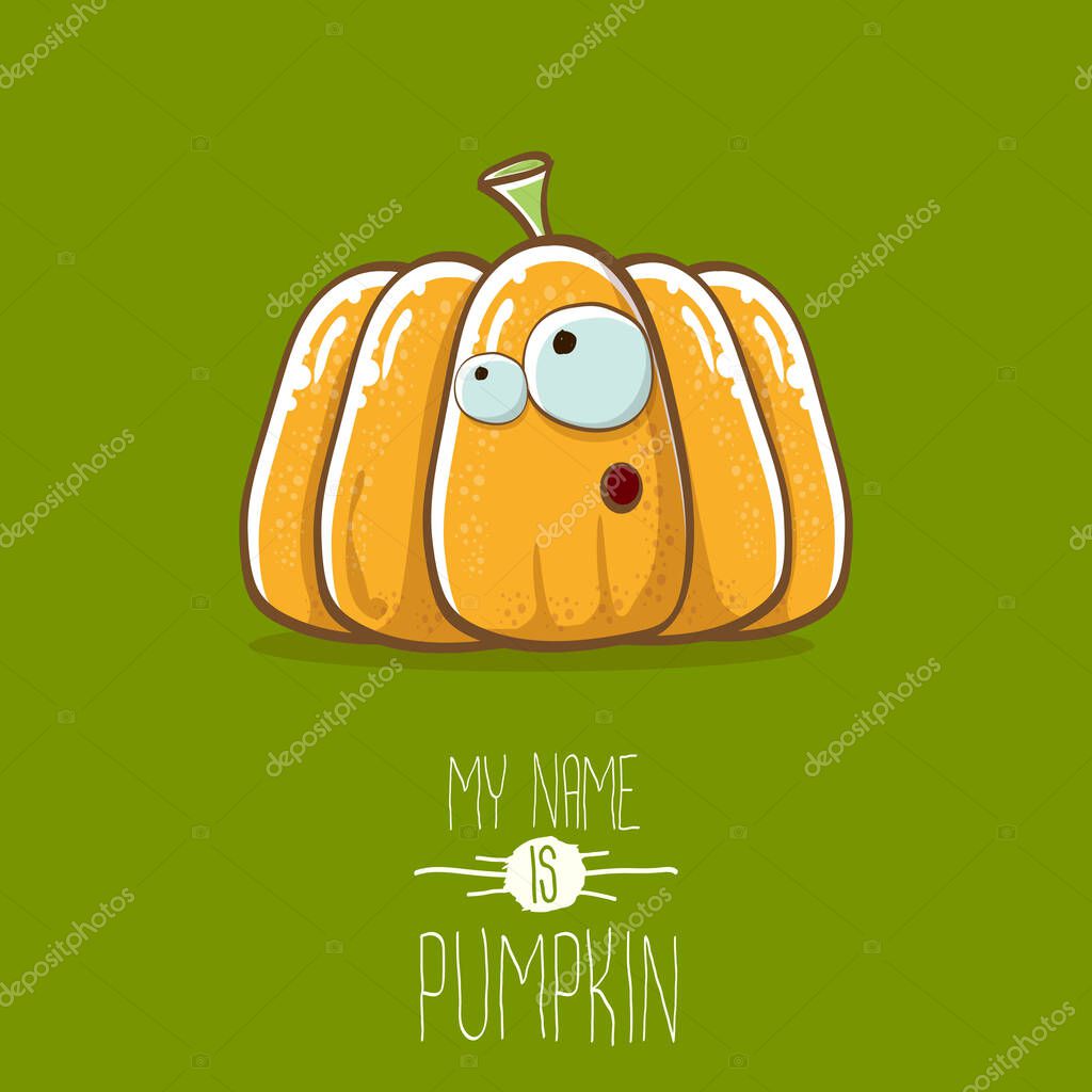 Vector funny cartoon orange smiling pumkin isolated on green background. My name is pumkin vector concept illustration. vegetable funky halloween or thanksgiving day character