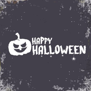 Cadılar Bayramı Bayrağınız kutlu olsun, tebrik kartı ya da arka planda vektör beyaz Cadılar Bayramı etiketi ve grunge grisi arka planda izole edilmiş korkunç balkabağı.