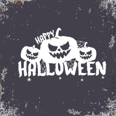 Cadılar Bayramı Bayrağınız kutlu olsun, tebrik kartı ya da arka planda vektör beyaz Cadılar Bayramı etiketi ve grunge grisi arka planda izole edilmiş korkunç balkabağı.