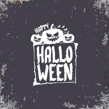 Cadılar Bayramı Bayrağınız kutlu olsun, tebrik kartı ya da arka planda vektör beyaz Cadılar Bayramı etiketi ve grunge grisi arka planda izole edilmiş korkunç balkabağı.