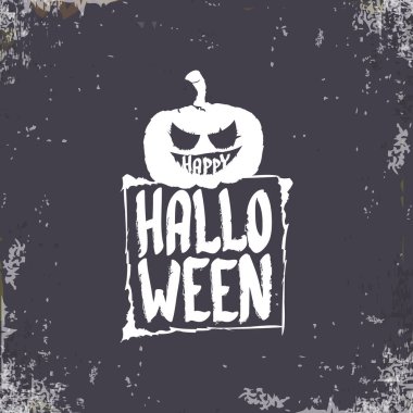 Cadılar Bayramı Bayrağınız kutlu olsun, tebrik kartı ya da arka planda vektör beyaz Cadılar Bayramı etiketi ve grunge grisi arka planda izole edilmiş korkunç balkabağı.