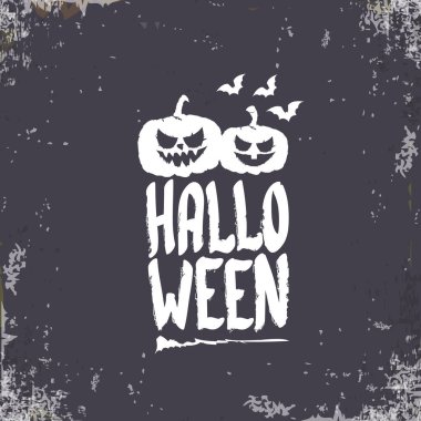 Cadılar Bayramı Bayrağınız kutlu olsun, tebrik kartı ya da arka planda vektör beyaz Cadılar Bayramı etiketi ve grunge grisi arka planda izole edilmiş korkunç balkabağı.