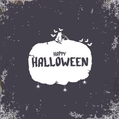 Cadılar Bayramı Bayrağınız kutlu olsun, tebrik kartı ya da arka planda vektör beyaz Cadılar Bayramı etiketi ve grunge grisi arka planda izole edilmiş korkunç balkabağı.