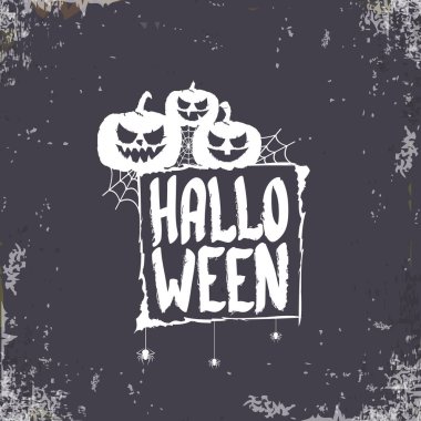 Cadılar Bayramı Bayrağınız kutlu olsun, tebrik kartı ya da arka planda vektör beyaz Cadılar Bayramı etiketi ve grunge grisi arka planda izole edilmiş korkunç balkabağı.