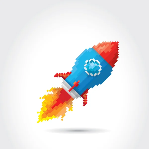 Vector flat pixel rocket on white background. — Stock Vector