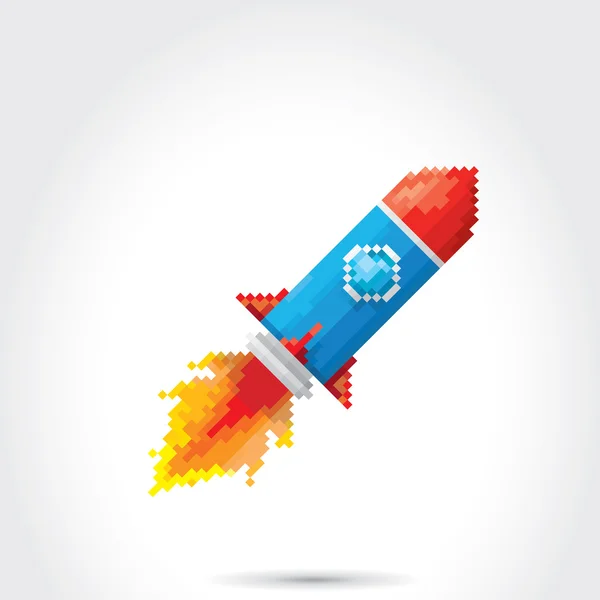 Vector flat pixel rocket on white background. — Stock Vector