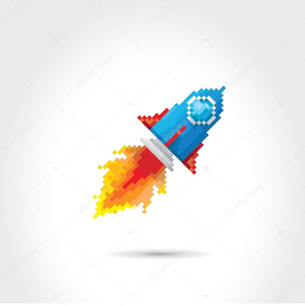 vector flat pixel rocket on white background.