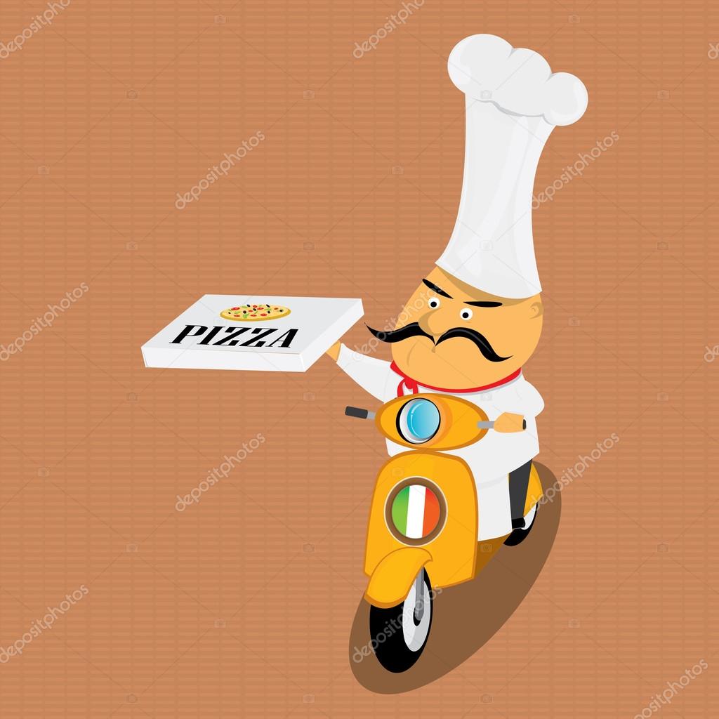 Funny italian chef delivering pizza on moped. pizza delivery boy on scooter