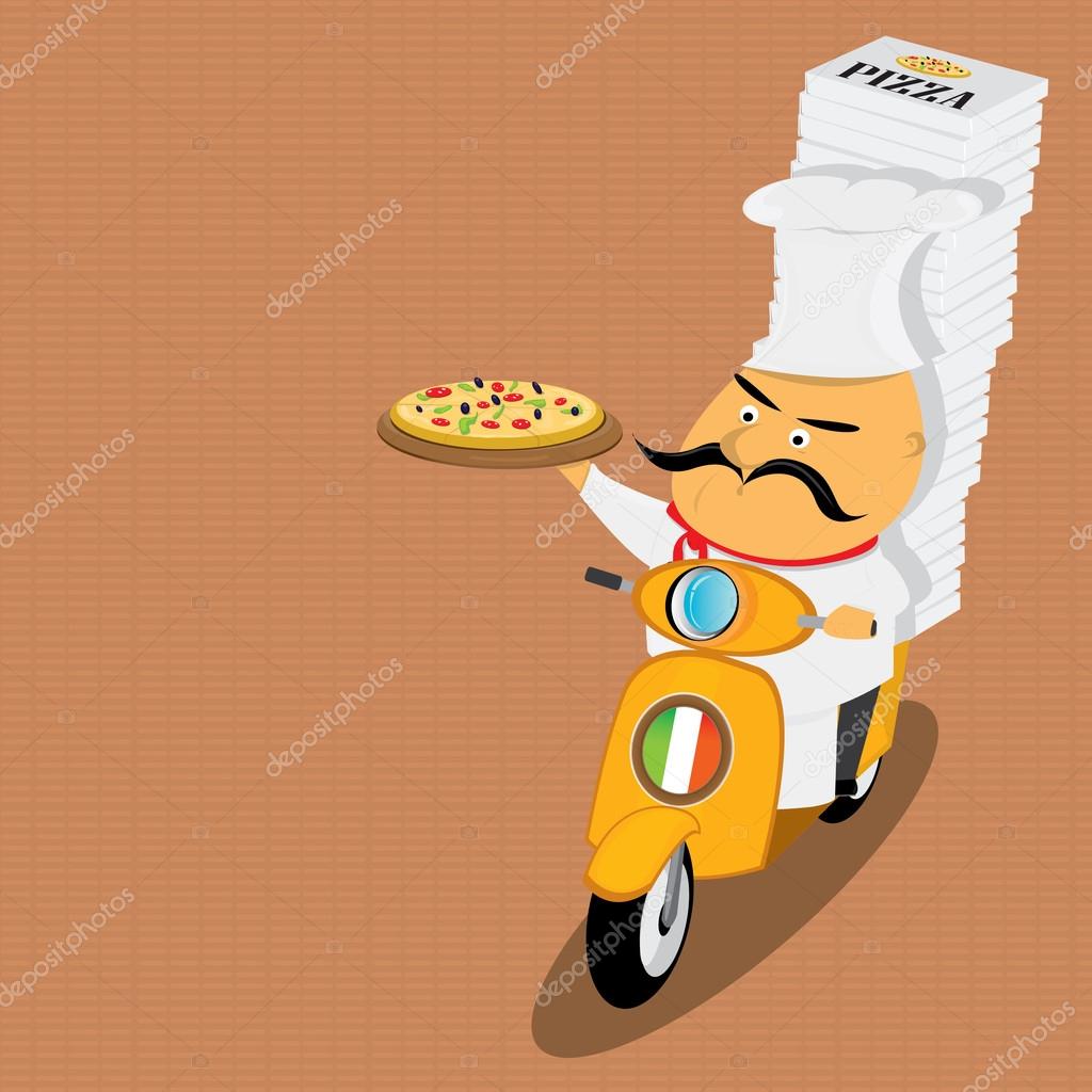 Funny italian chef delivering pizza on moped. pizza delivery boy on scooter