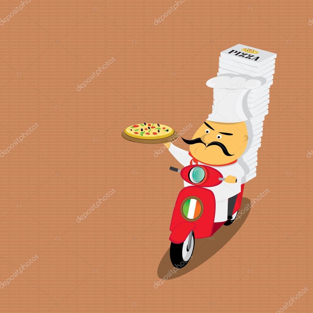 Funny italian chef delivering pizza on moped. pizza delivery boy on scooter