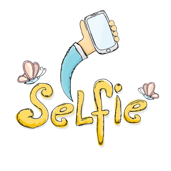 Selfie foto nemen op slimme telefoon concept. — Stockvector