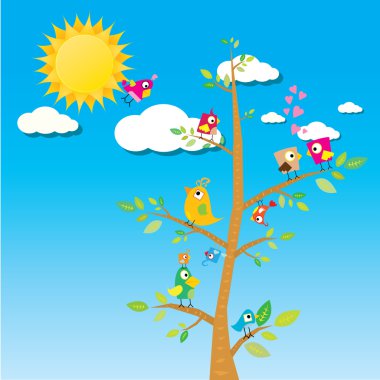 birds on branch. cartoon summer illustration.