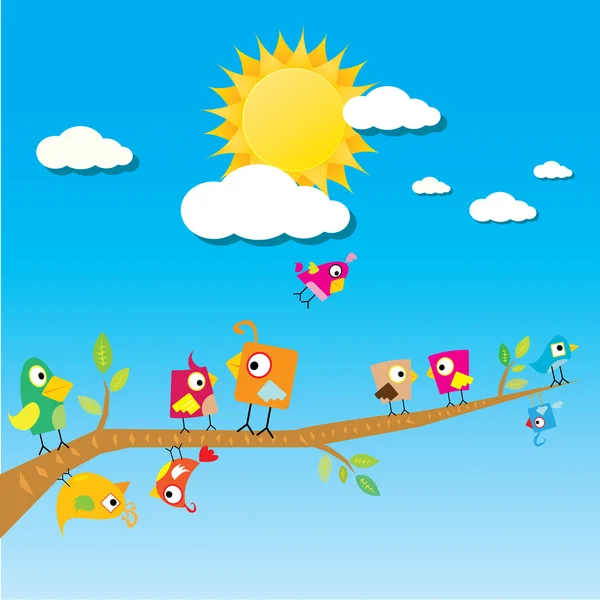 Birds on branch. cartoon summer illustration. — 图库矢量图片