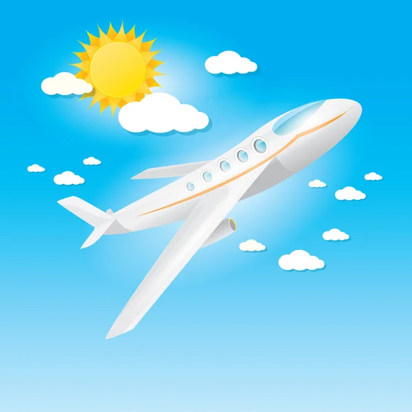 Avion dans le ciel bleu avec soleil et nuages . — Image vectorielle
