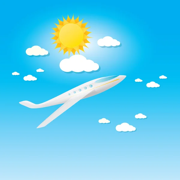 Avión en el cielo azul con sol y nubes . — Archivo Imágenes Vectoriales