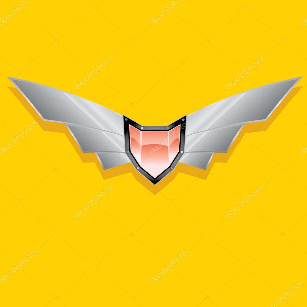 Vector metallic automotive, motorcycle badge with wings. Signs and labels.
