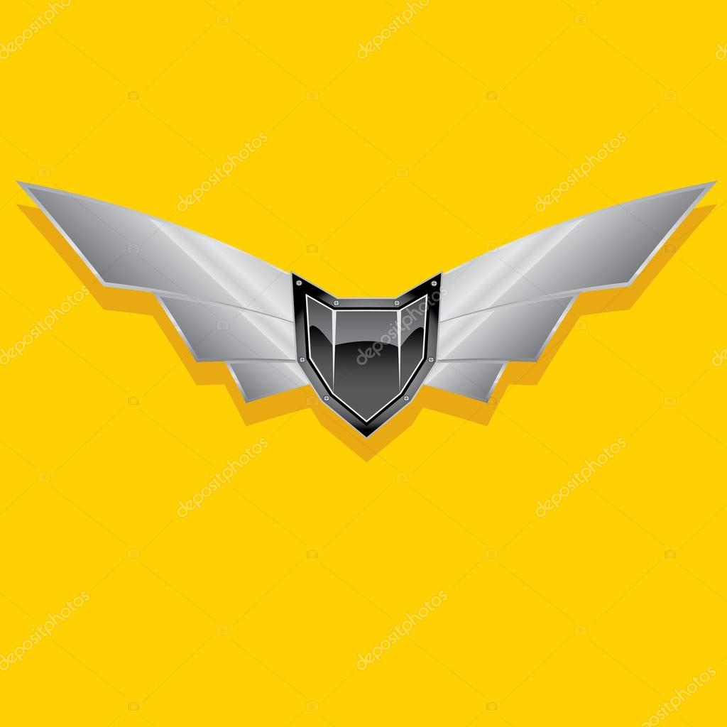 Vector metallic automotive, motorcycle badge with wings. Signs and labels.