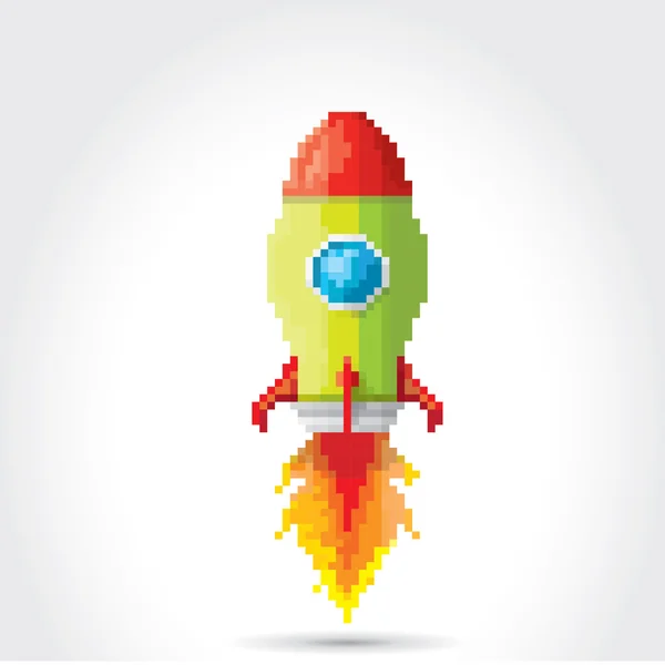 Vector plano pixel cohete sobre fondo blanco . — Vector de stock
