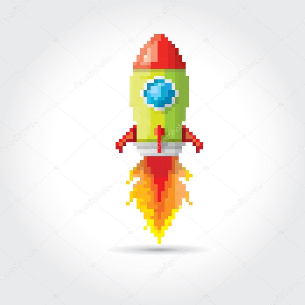 vector flat pixel rocket on white background.