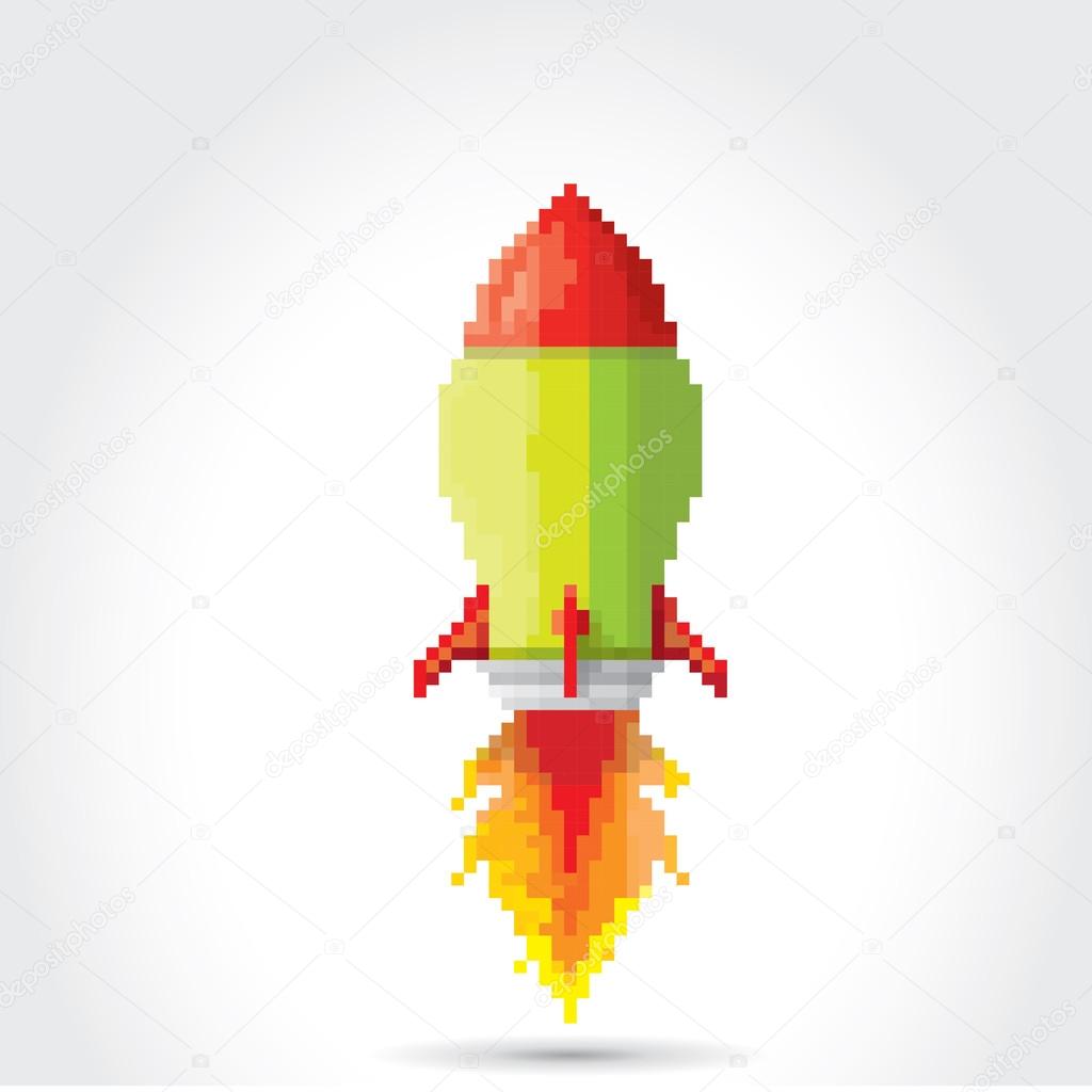 vector flat pixel rocket on white background.