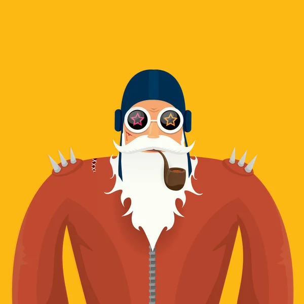 Vector biker santa claus with smoking pipe. — Stock Vector