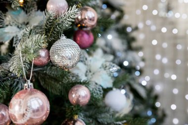 Noel süslemesi. Beyaz arka planda izole edilmiş Noel ağacı dalındaki Magenta Baloları. Tatil Kartı