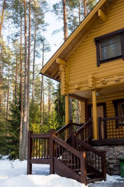 Kış Masalı. Finlandiya 'da güzel bir kar ormanındaki kır evi. Kışın çam ormanındaki ahşap kır evi. Çatı karla kaplıdır.