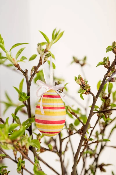 Un mazzo di uova di Pasqua viola, bianche e punteggiate appese a rami d'albero con foglie all'interno della casa su sfondo bianco. Decorazione di Pasqua — Foto Stock