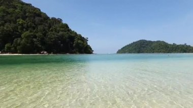 Tropik adanın kristal berrak suyu. Boş sahilde mavi turkuaz dalgalı su. Seyahat konsepti. Deniz ve ağaçlı klasik cennet sahnesi. Tropik cennet.