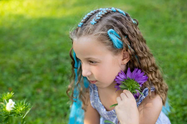 Morena chica de pelo largo en el jardín. Cabello trenzado con kanekalon azul. trenzado de peinado. Chica adolescente con pigtails.little azul de colores de moda con trenzas. —  Fotos de Stock