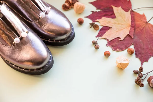 Para nowych damskich butów i butów pozostaje na pastelowym tle z opadającymi jesiennymi liśćmi, jesiennymi butami do sprzedaży.błyszczące skórzane buty. Damskie obuwie modowe. modne buty oxford. — Zdjęcie stockowe