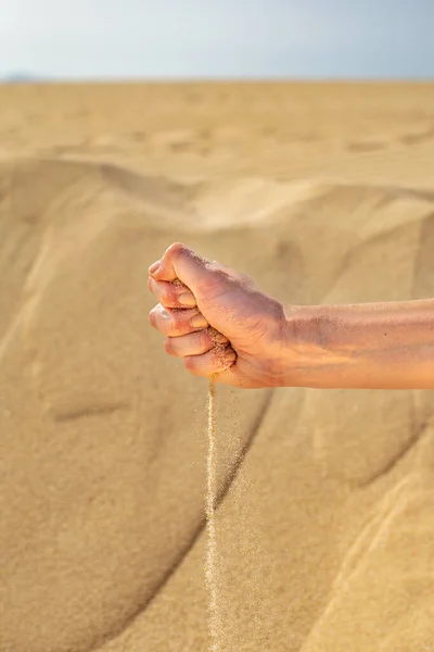 Curled Hand Letting Sand Pour Out Beautiful Beaches Tarifa Southern — Stock Photo, Image