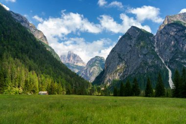 Yaz aylarında Landro Vadisi, Dolomitler, Bolzano ili, Trentino Alto Adige, İtalya, Misurina 'dan Dobbiaco' ya uzanan dağ manzarası