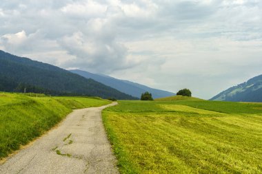 Pusteria Vadisi Bisiklet Yolu, Bolzano ili, Trentino Alto Adige, İtalya. Yazın dağ manzarası
