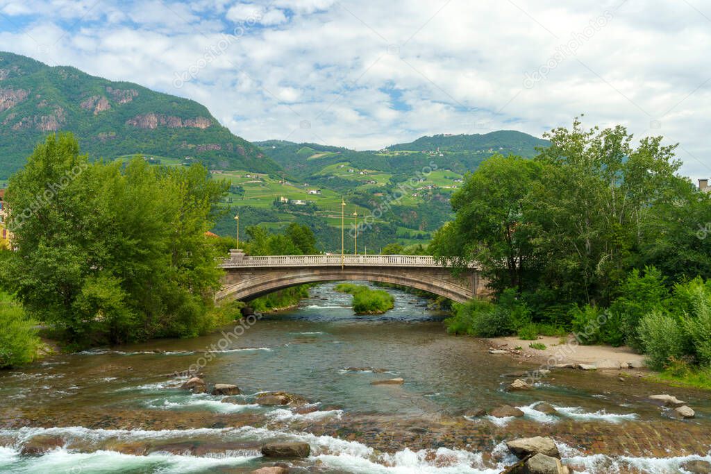 Landscape along the cycleway of the Adige river from Bolzano to Merano, Trentino Alto Adige, Italy, at summer