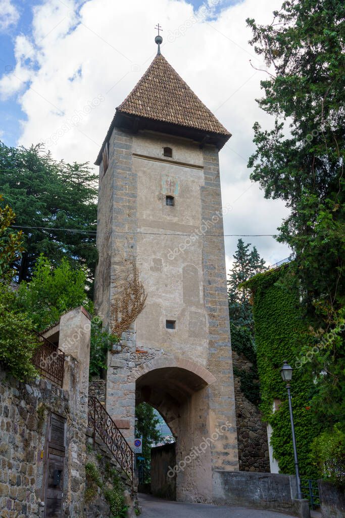 Historic city of Merano, Bolzano, Trentino Alto Adige, Italy. A tower