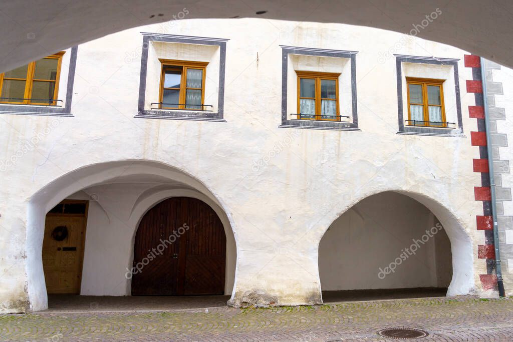Glorenza, or Glurns, Bolzano, Trentino Alto Adige, Italy: historic city in the Venosta valley. White portico