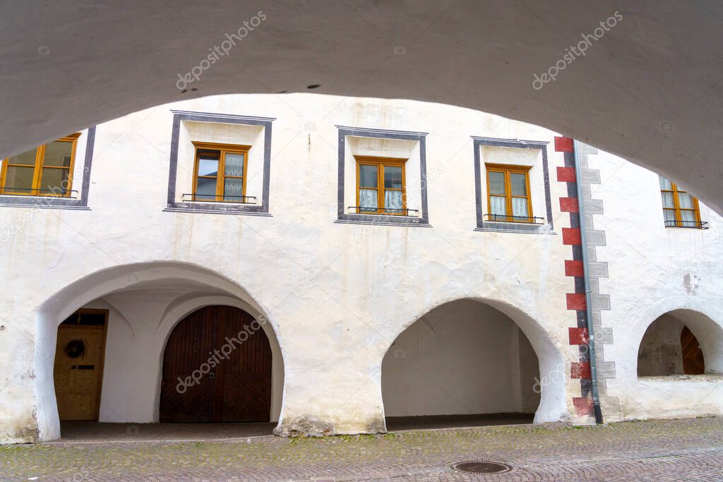 Glorenza, or Glurns, Bolzano, Trentino Alto Adige, Italy: historic city in the Venosta valley. White portico