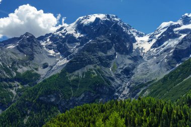 İtalya 'nın Trentino-Alto Adige bölgesindeki Stelvio geçidi boyunca uzanan dağ manzarası. Buzul